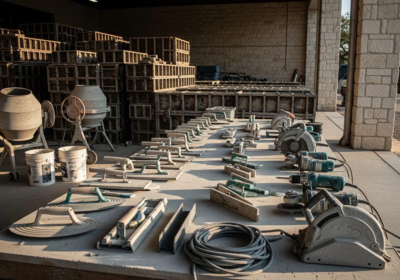 Construction crew with concrete tools and equipment ready for job site work in the Texas Hill Country.