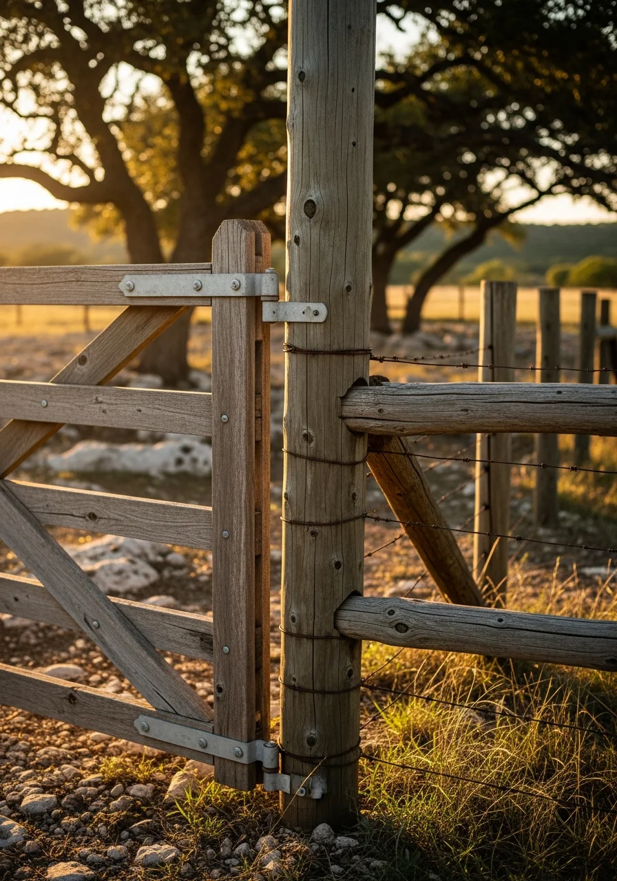 Close-up of a ranch gate and entrance on a Bandera County property showing typical Hill Country landscape and terrain.