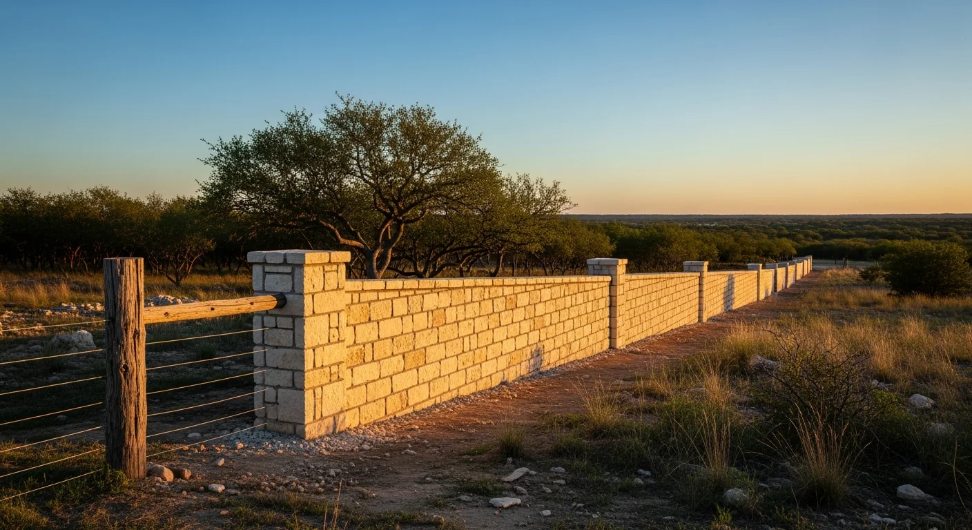 Wide view of a Bandera County ranch property with limestone fencing and native Texas Hill Country vegetation under clear sky.