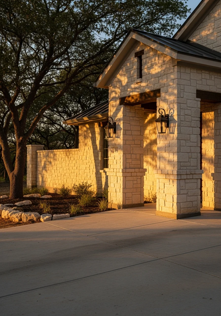 Portrait view of a Kendall County property showing a residential entrance with native stone and Hill Country architectural style.