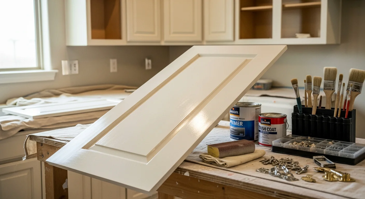 Freshly painted white kitchen cabinets with a smooth, even finish inside a Bandera County, Texas home. Cabinet doors are rehung and hardware is reinstalled after a professional cabinet painting service by JMG Construction.
