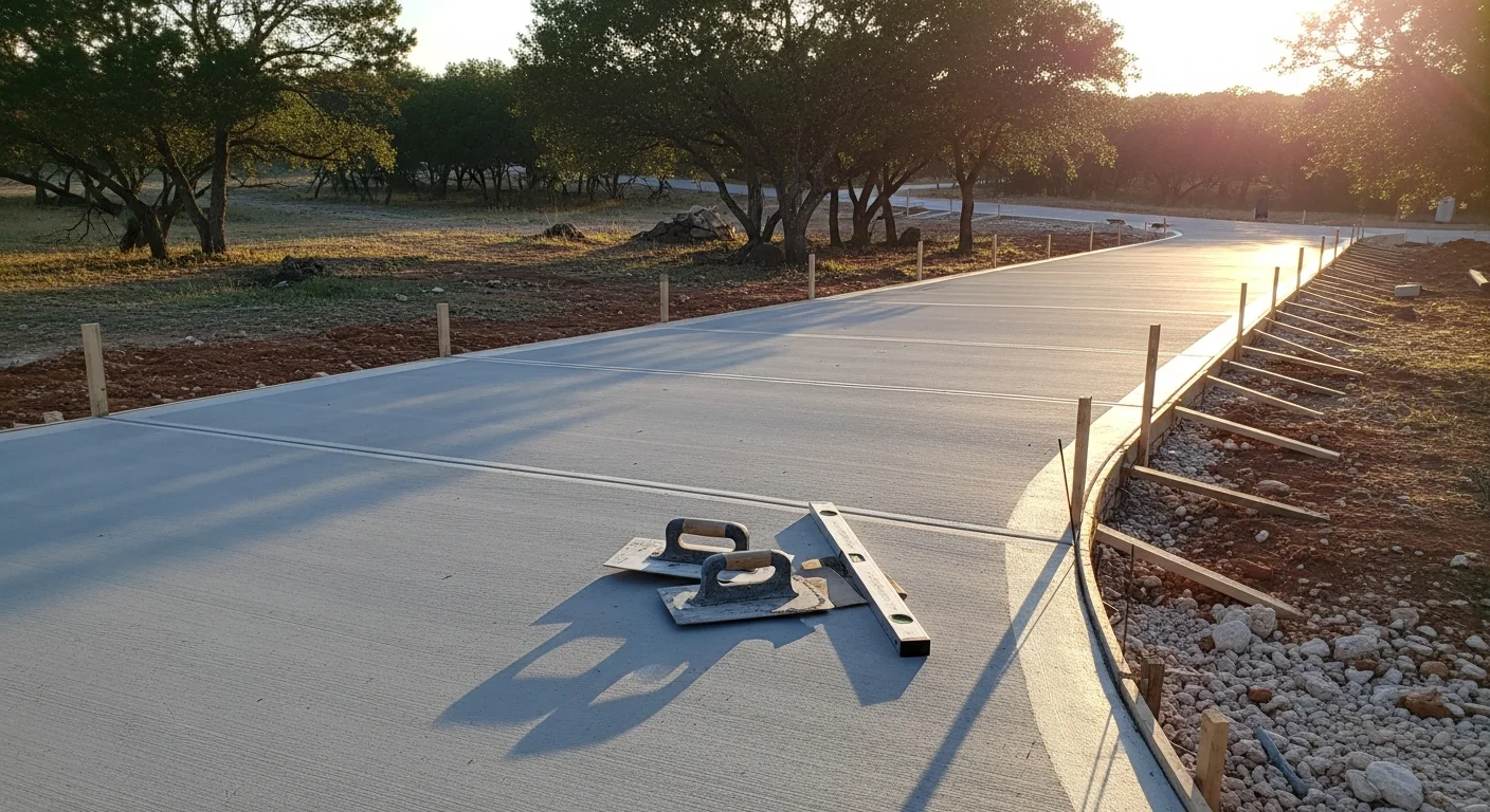 A freshly poured concrete driveway on a rural residential property in Bandera County, Texas, with a smooth broom finish and visible expansion joints. The surrounding landscape shows typical Hill Country terrain with rocky soil and open land.