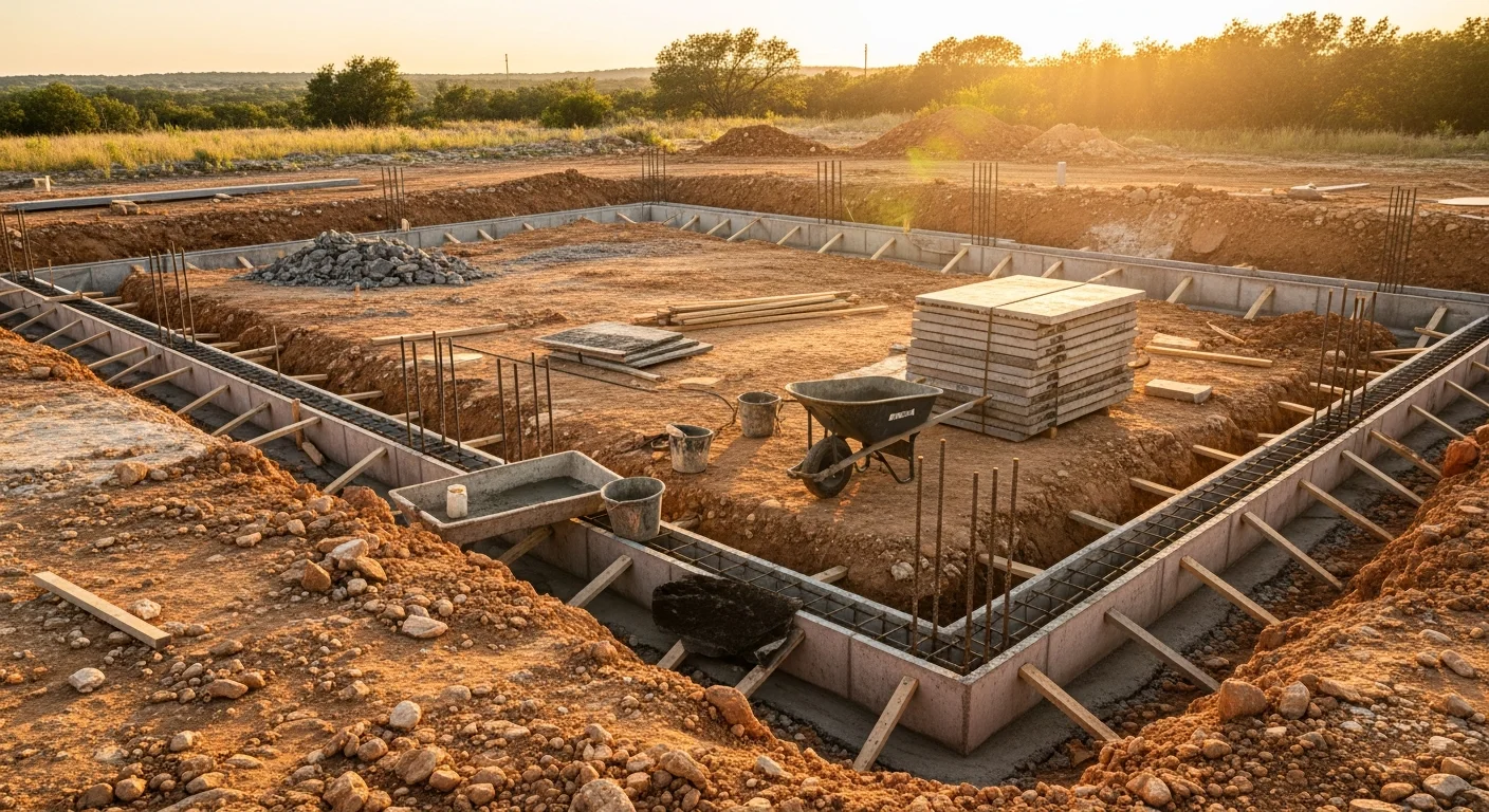 A freshly poured and finished concrete slab foundation on a rural Bandera County property, surrounded by Hill Country terrain with limestone-rocky soil visible at the site edges. The slab shows clean formed edges and a smooth trowel finish ready for framing.