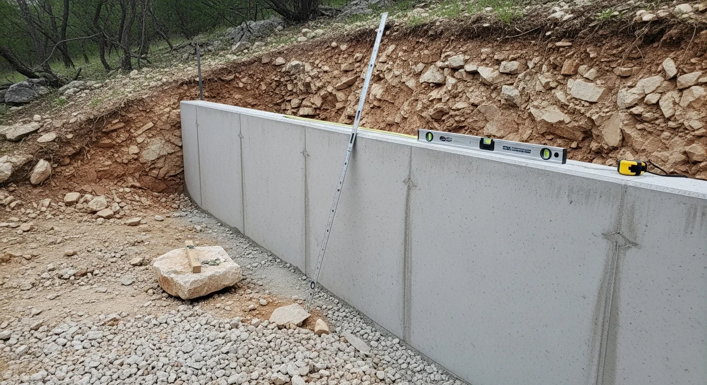A finished poured concrete retaining wall holding back a steep residential slope on a Bandera County Hill Country property. The wall runs along a graded yard with rocky terrain visible in the background.