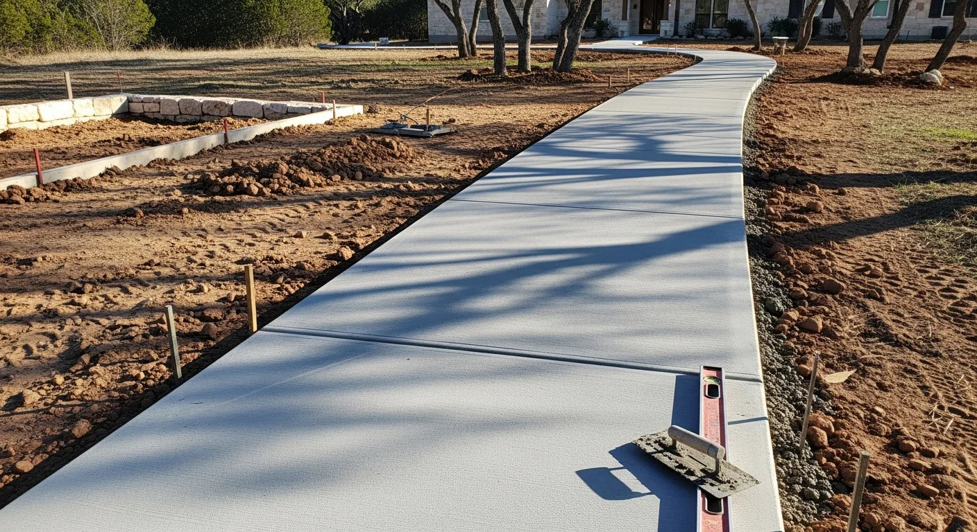 Freshly poured concrete sidewalk running along the front of a residential property in Bandera County, Texas. The smooth gray surface follows a slight slope with clean edges and a well-graded base visible at the border.