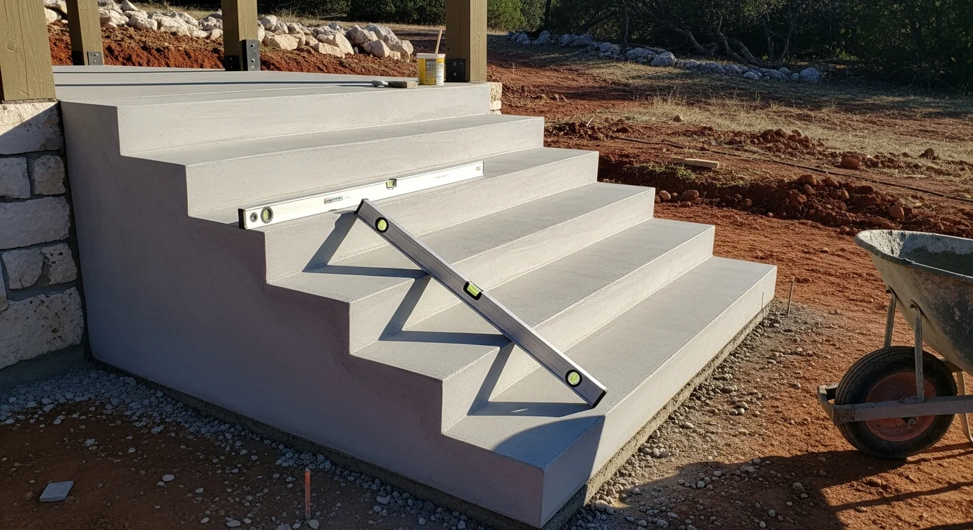 Newly poured concrete stairs leading to the front entry of a residential home in Bandera County, Texas, with a smooth brushed finish and clean step edges. The stairs are set into a sloped yard with Hill Country terrain visible in the background.