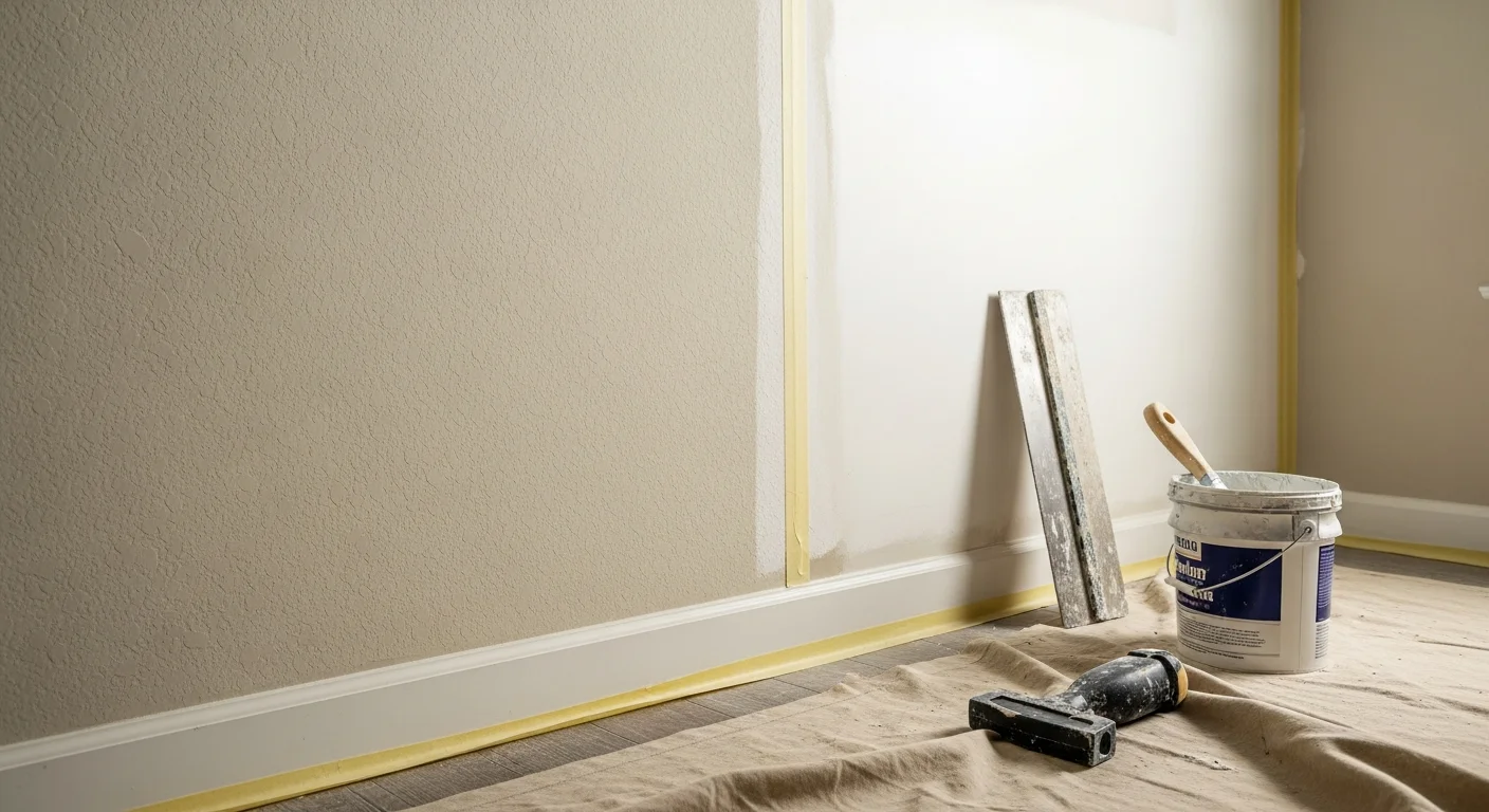 Freshly painted interior living room walls and white trim inside a Bandera County, Texas home. Clean brush lines meet the ceiling with no visible drips or uneven coverage.
