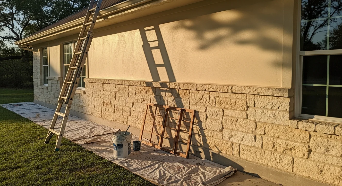 Freshly painted exterior of a single-story Hill Country home in Bandera County, Texas, with clean trim lines and updated siding color. A JMG Construction crew member applies a finish coat to the wood fascia under a clear Texas sky.