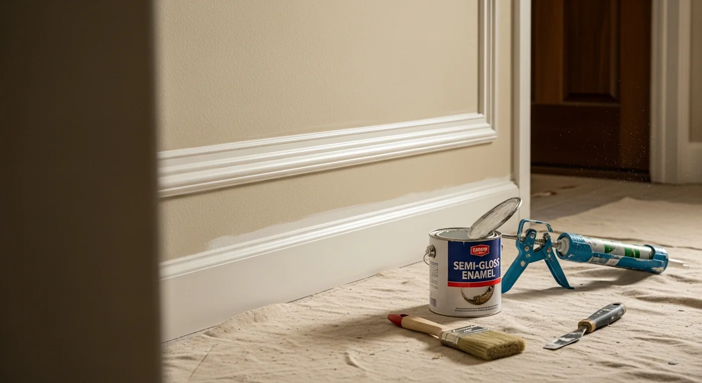 Freshly painted white crown molding and baseboards in a ranch-style home in Bandera County, Texas. Clean paint lines run along the wall edges with no overlap onto the surrounding surfaces.